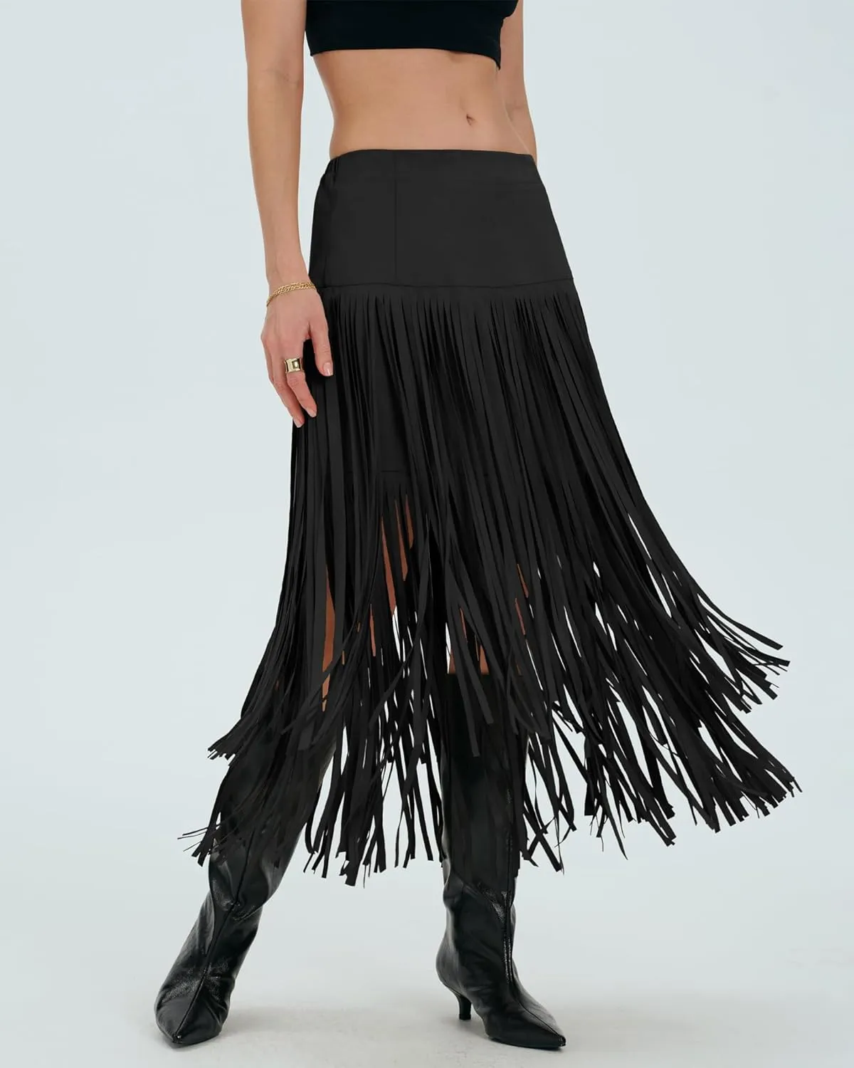 Locachy Womens Faux Suede Fringe Trim Midi Skirt Casual High Waist Bodycon Skirt
