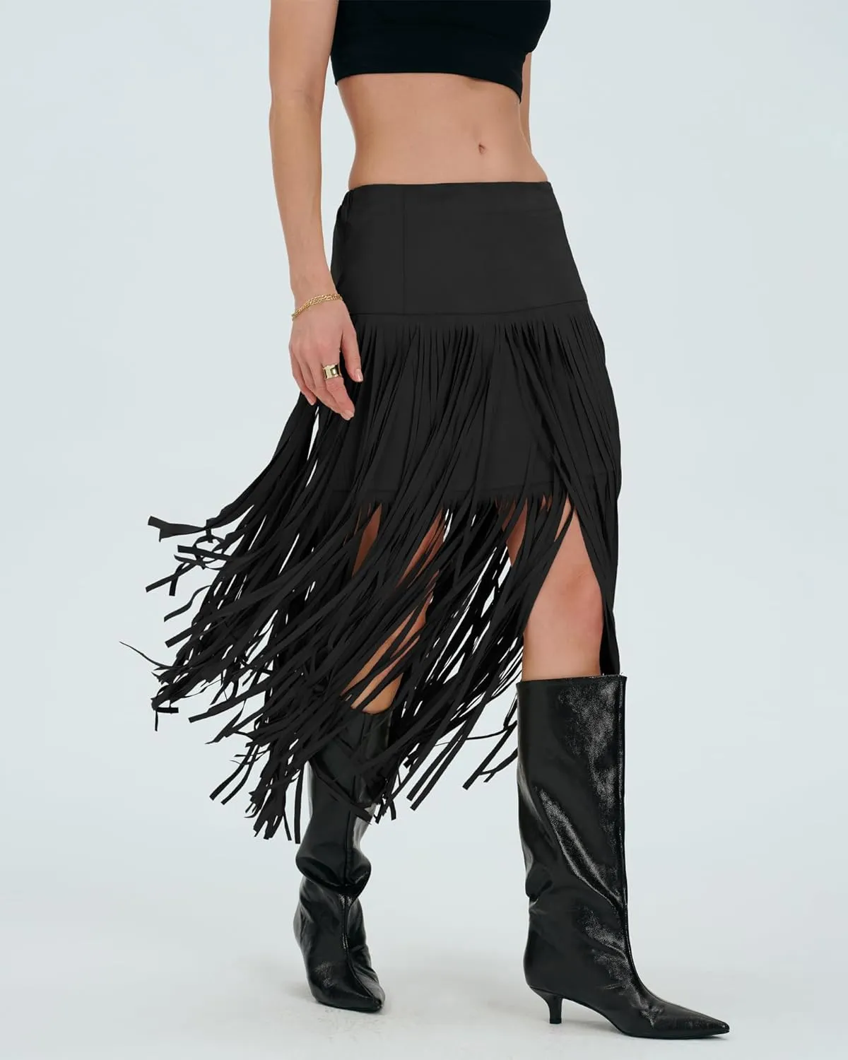 Locachy Womens Faux Suede Fringe Trim Midi Skirt Casual High Waist Bodycon Skirt