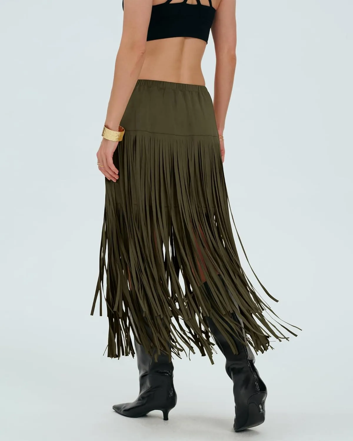 Locachy Womens Faux Suede Fringe Trim Midi Skirt Casual High Waist Bodycon Skirt
