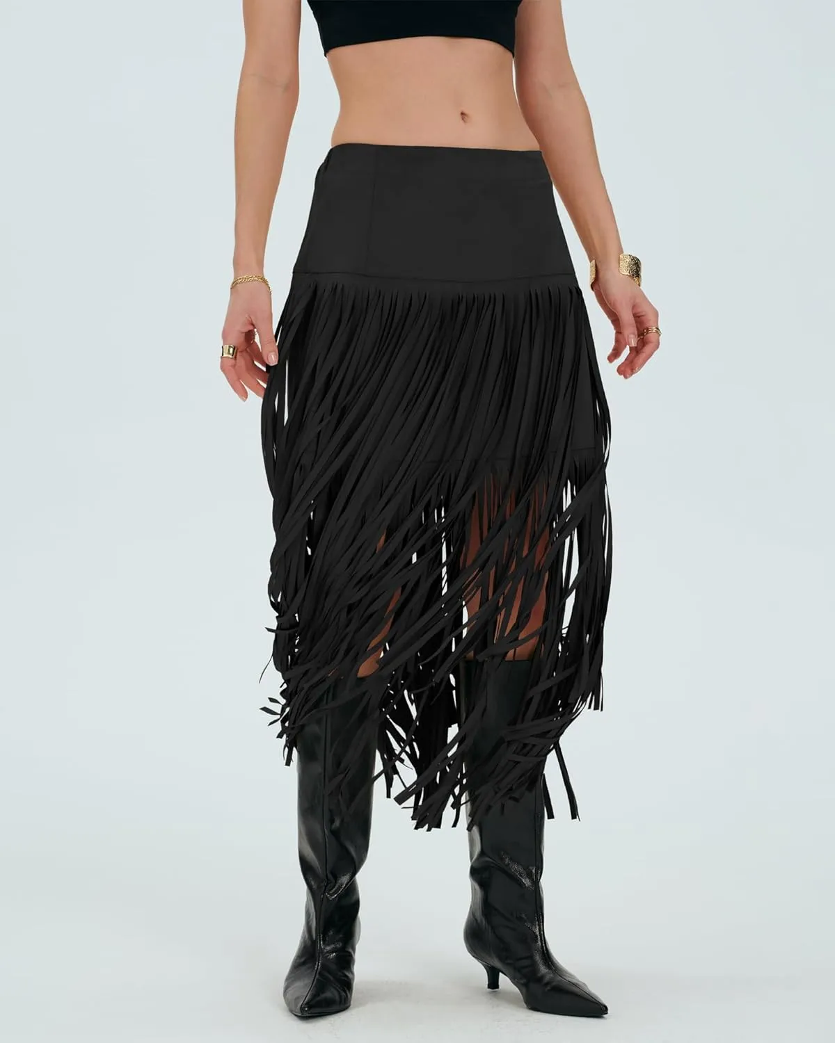 Locachy Womens Faux Suede Fringe Trim Midi Skirt Casual High Waist Bodycon Skirt