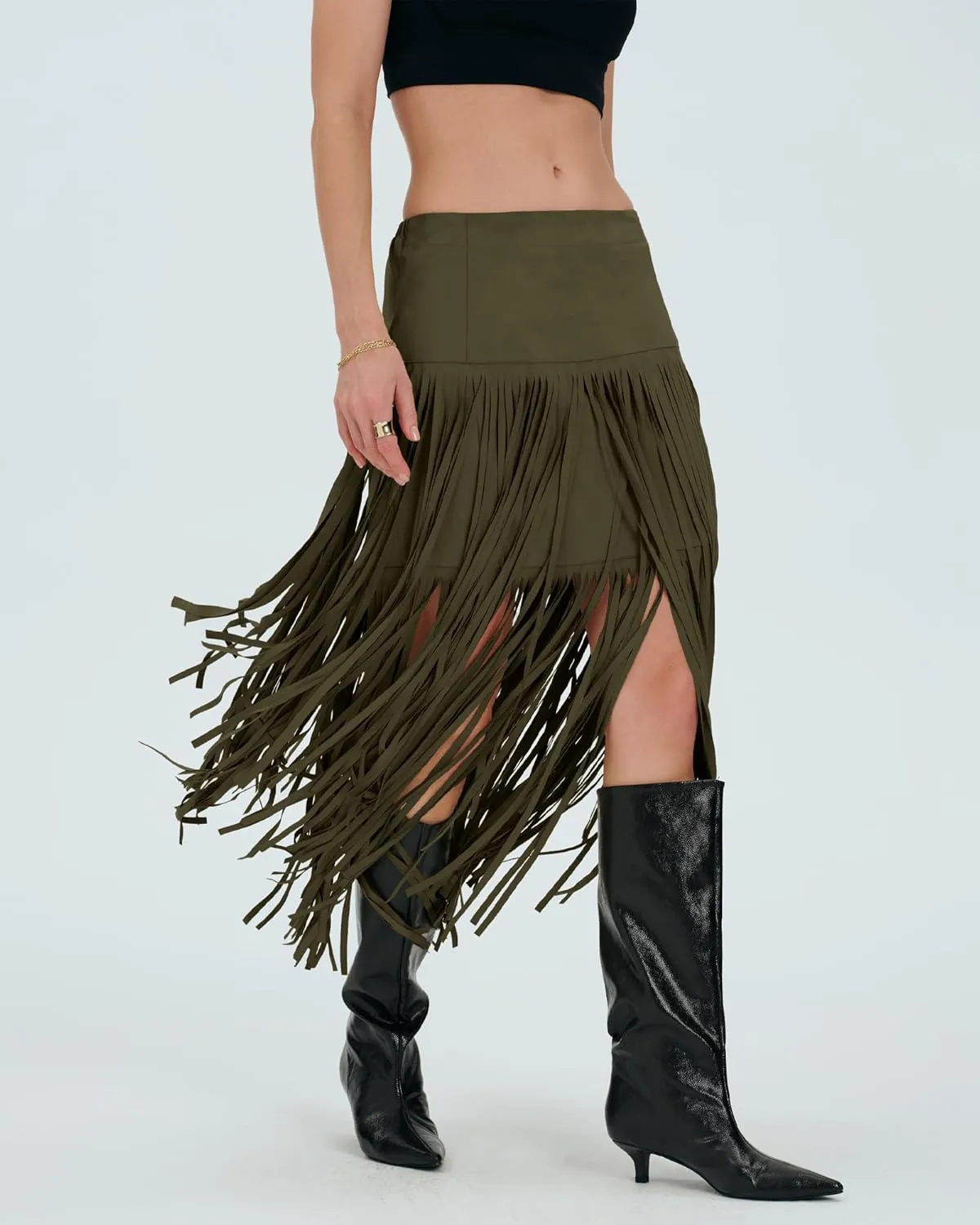 Locachy Womens Faux Suede Fringe Trim Midi Skirt Casual High Waist Bodycon Skirt