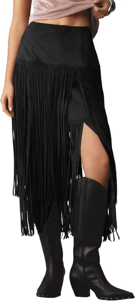 Locachy Womens Faux Suede Fringe Trim Midi Skirt Casual High Waist Bodycon Skirt