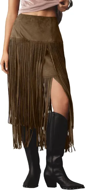 Locachy Womens Faux Suede Fringe Trim Midi Skirt Casual High Waist Bodycon Skirt