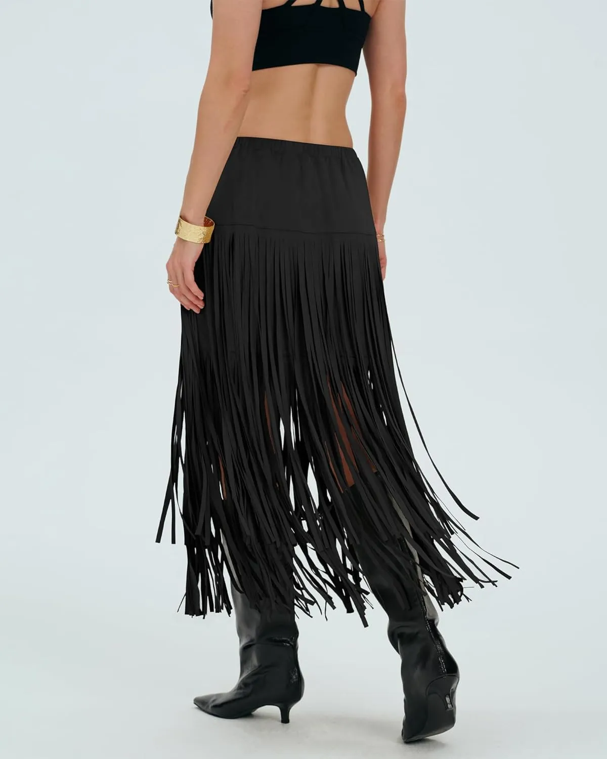 Locachy Womens Faux Suede Fringe Trim Midi Skirt Casual High Waist Bodycon Skirt