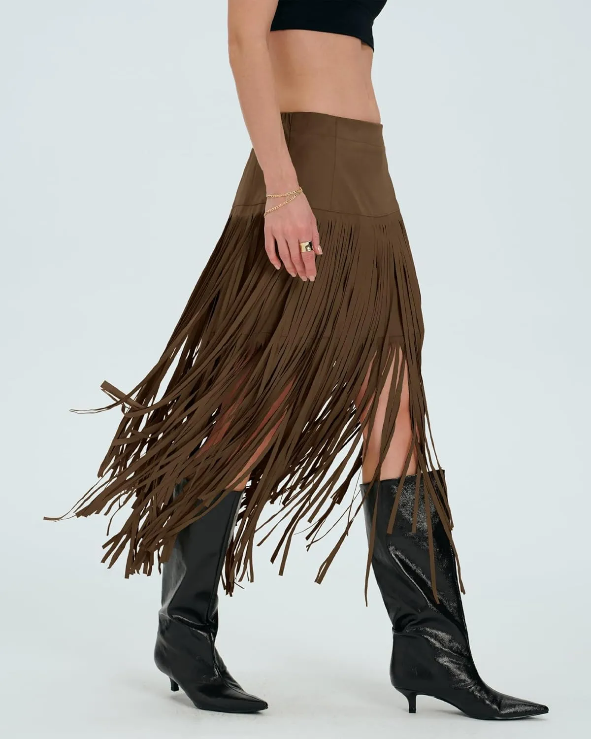 Locachy Womens Faux Suede Fringe Trim Midi Skirt Casual High Waist Bodycon Skirt