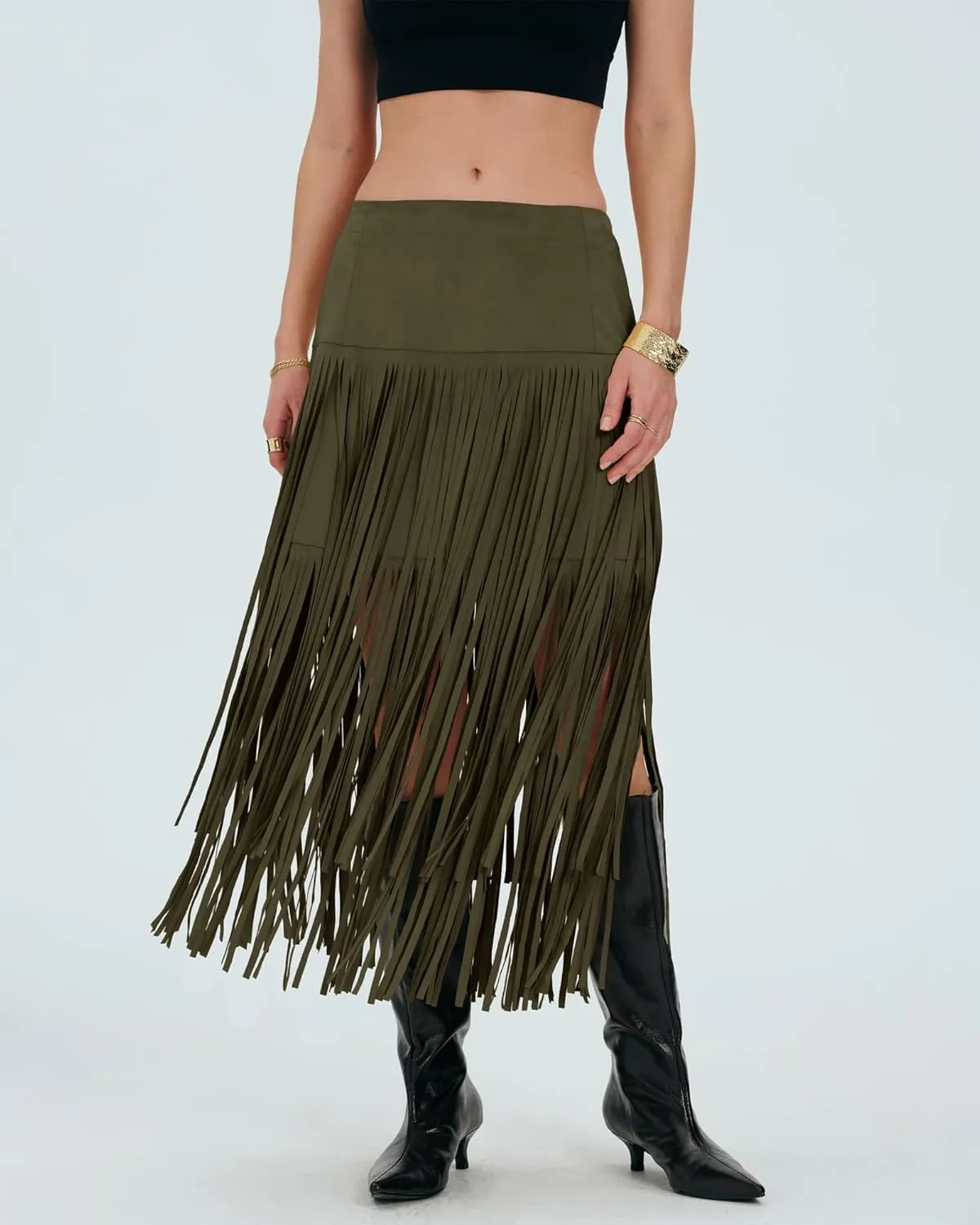 Locachy Womens Faux Suede Fringe Trim Midi Skirt Casual High Waist Bodycon Skirt