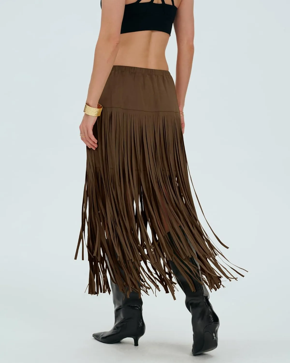 Locachy Womens Faux Suede Fringe Trim Midi Skirt Casual High Waist Bodycon Skirt