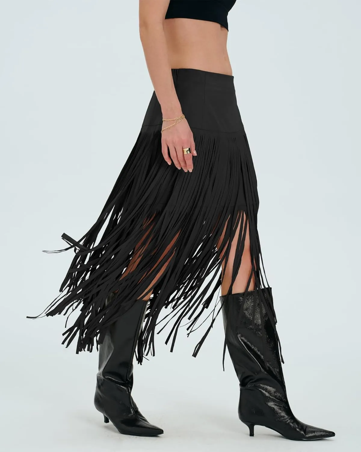 Locachy Womens Faux Suede Fringe Trim Midi Skirt Casual High Waist Bodycon Skirt