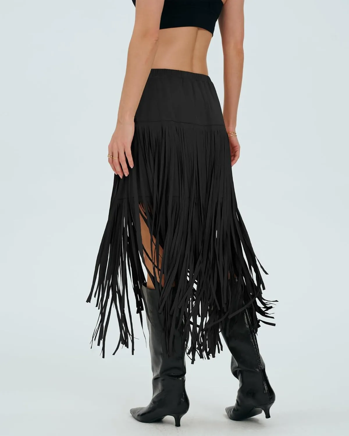 Locachy Womens Faux Suede Fringe Trim Midi Skirt Casual High Waist Bodycon Skirt