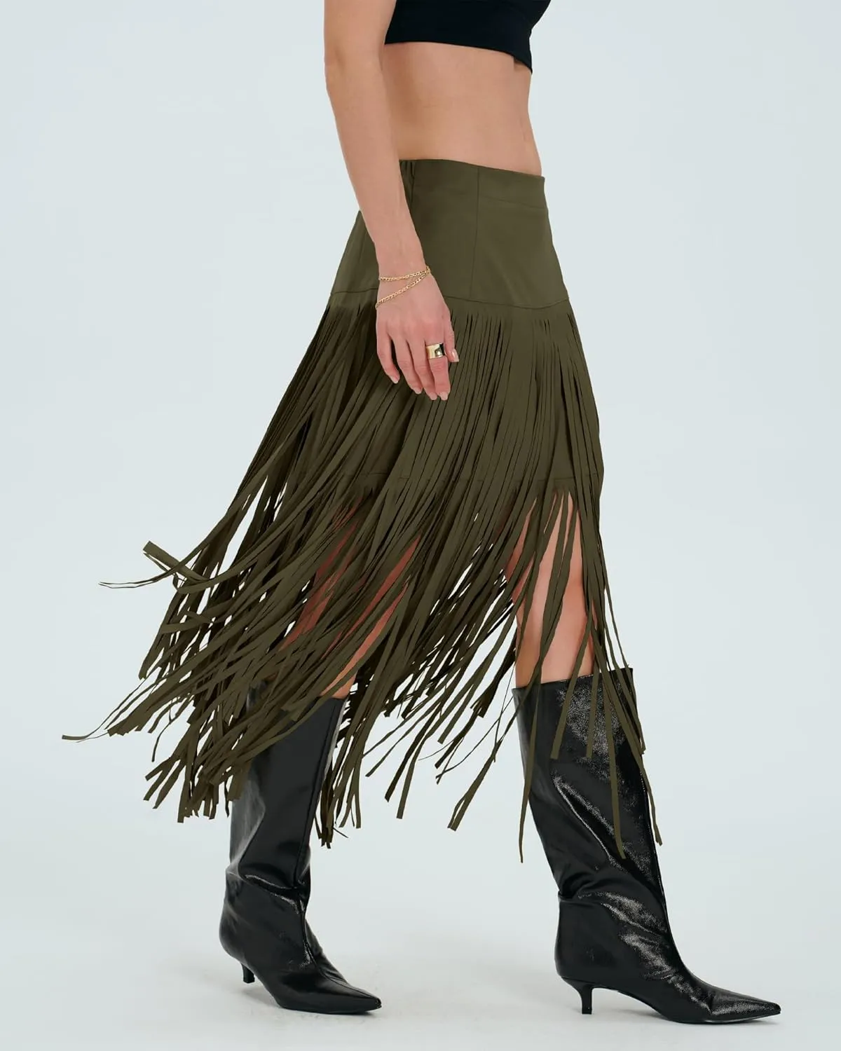 Locachy Womens Faux Suede Fringe Trim Midi Skirt Casual High Waist Bodycon Skirt
