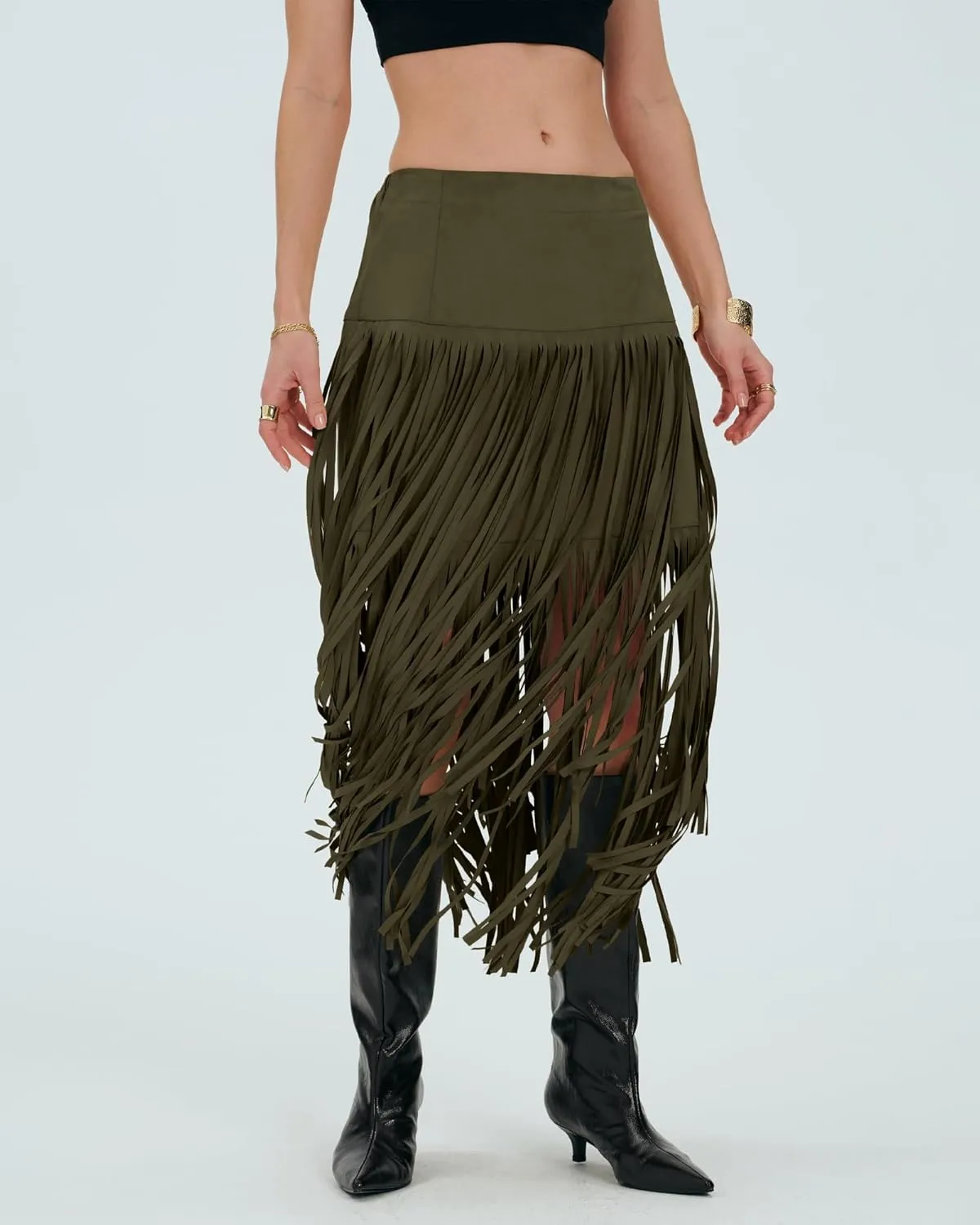 Locachy Womens Faux Suede Fringe Trim Midi Skirt Casual High Waist Bodycon Skirt
