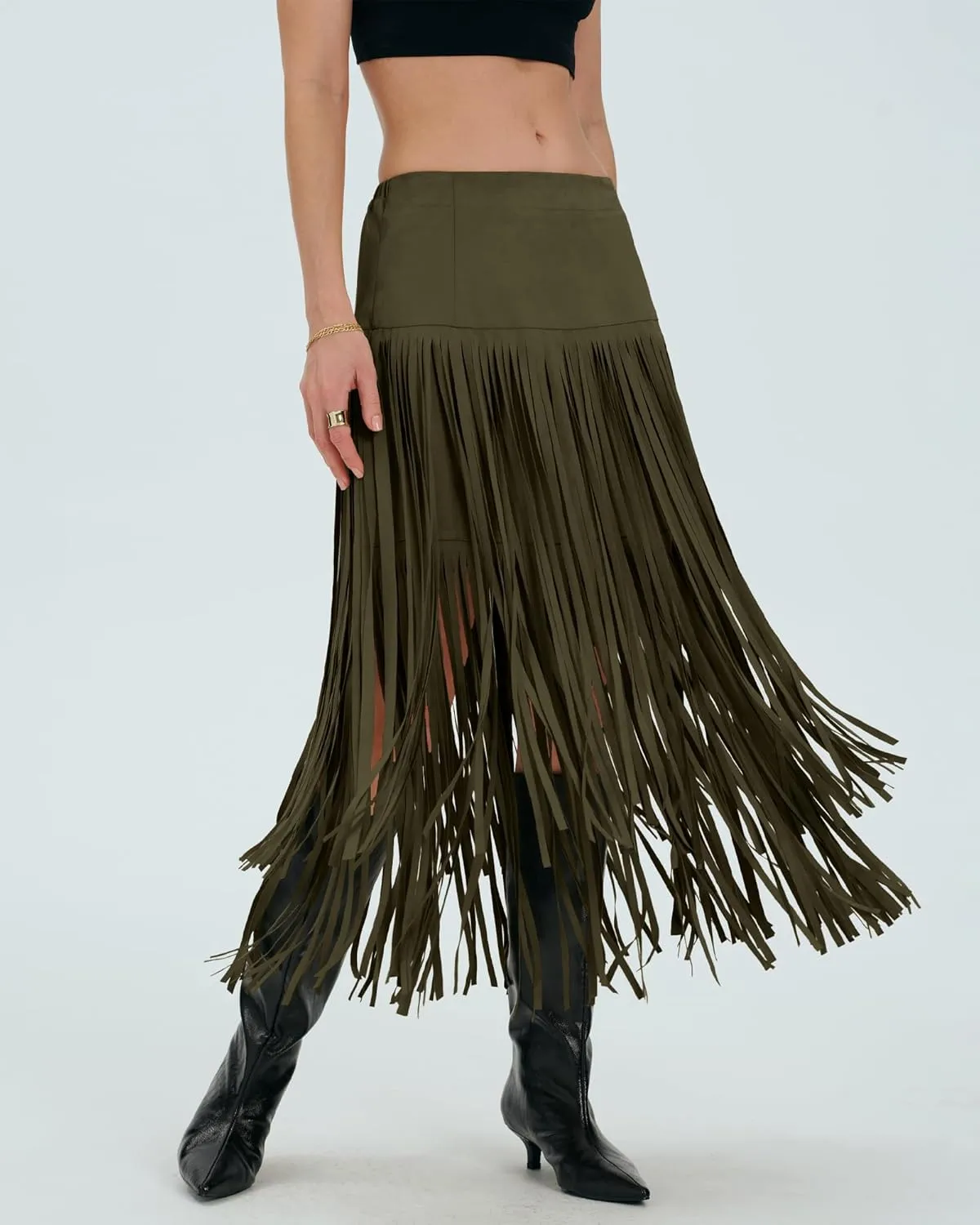 Locachy Womens Faux Suede Fringe Trim Midi Skirt Casual High Waist Bodycon Skirt