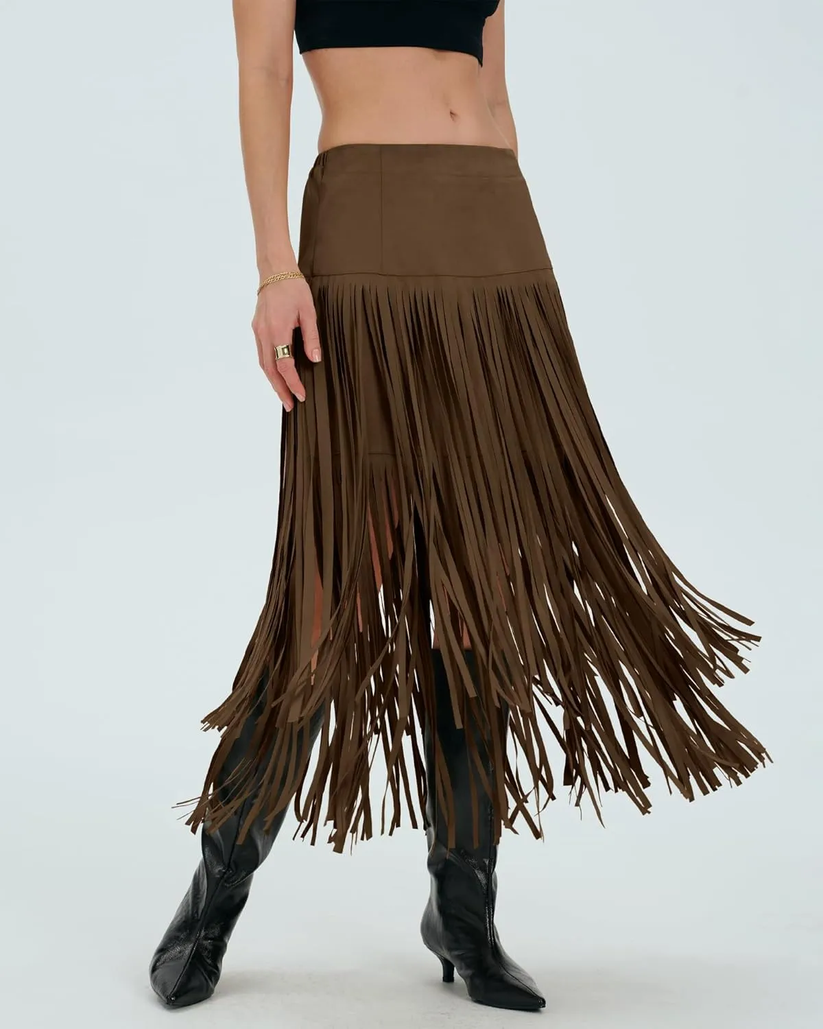 Locachy Womens Faux Suede Fringe Trim Midi Skirt Casual High Waist Bodycon Skirt