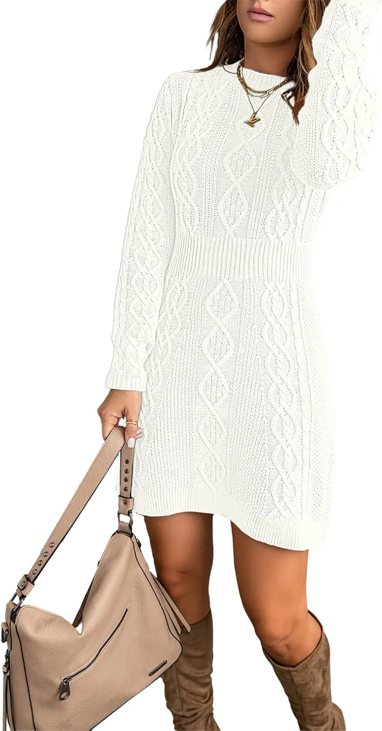 luvamia Sweater Dress for Women Cable Knit Ribbed A-Line Short Fitted Pullover Sweaters Dresses Fall Winter