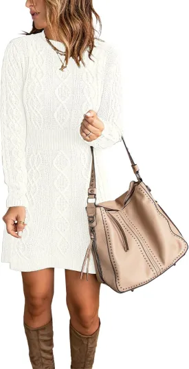 luvamia Sweater Dress for Women Cable Knit Ribbed A-Line Short Fitted Pullover Sweaters Dresses Fall Winter
