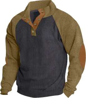 Mens Casual Corduroy Sweatshirt Long Sleeve Stand Collar 1/4 Button Up Pullover Fall Polo Sweaters