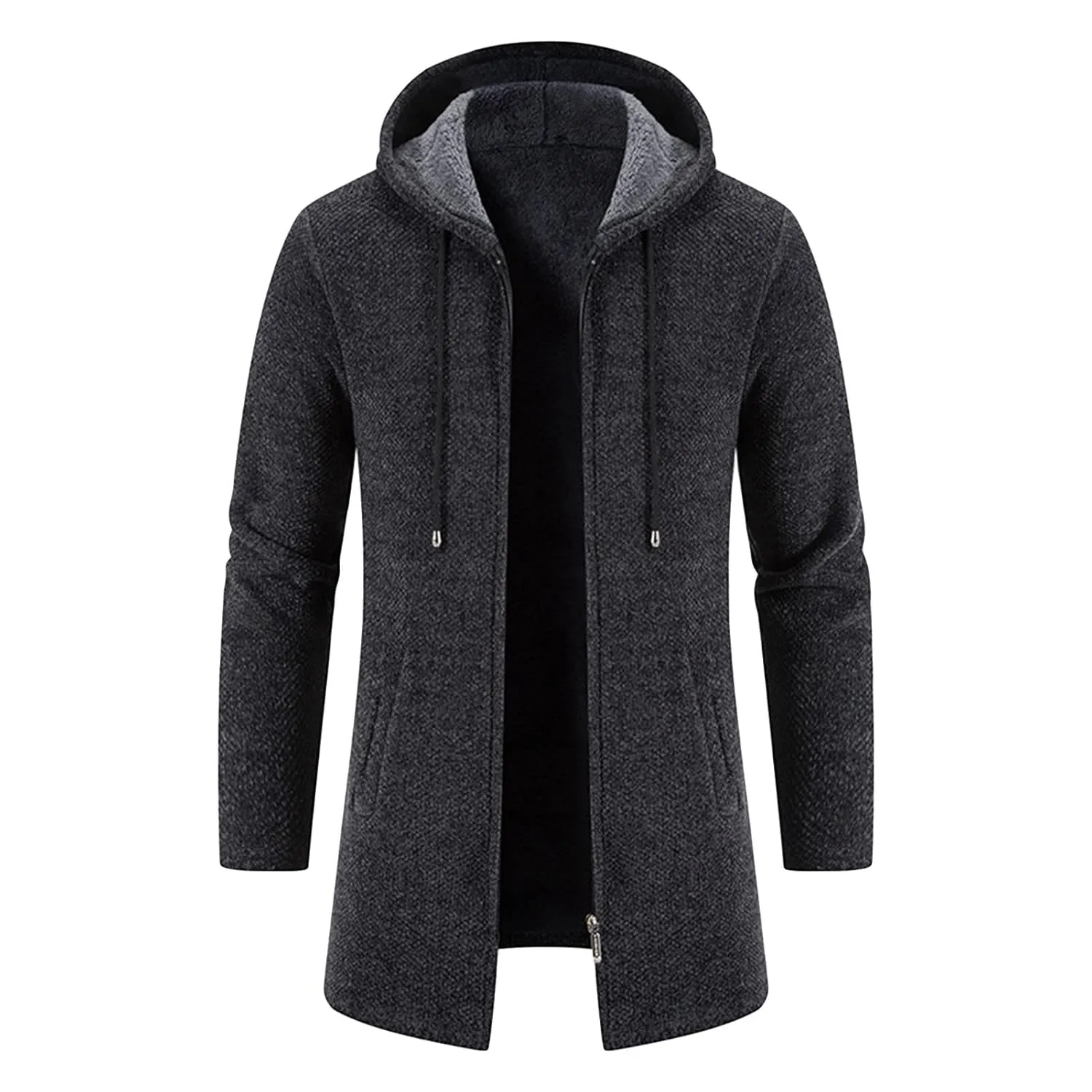 Mens Solid Knit Hooded Cardigan Full Zip Long Open Front Sweater Slim Fit Casual Lightweight Longline Cardigans (Dark Grey,Large)