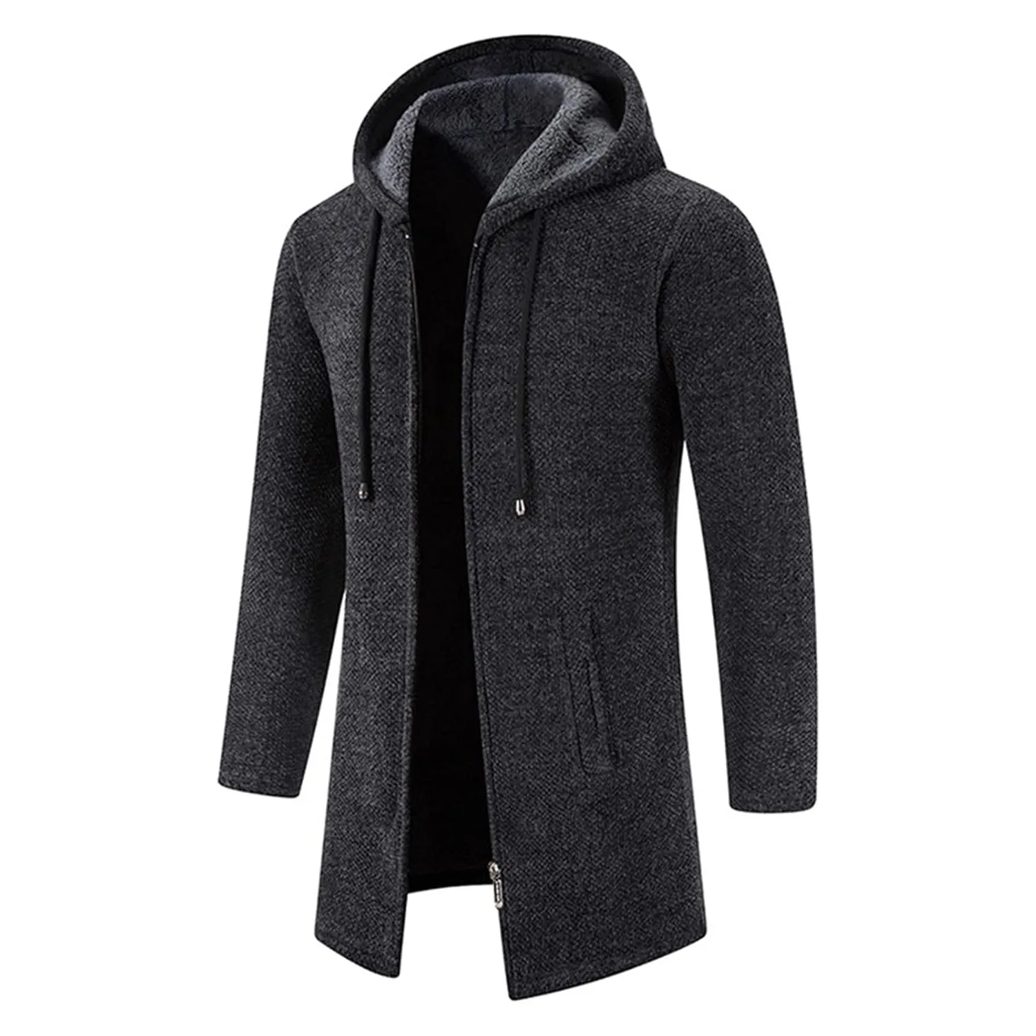 Mens Solid Knit Hooded Cardigan Full Zip Long Open Front Sweater Slim Fit Casual Lightweight Longline Cardigans (Dark Grey,Large)