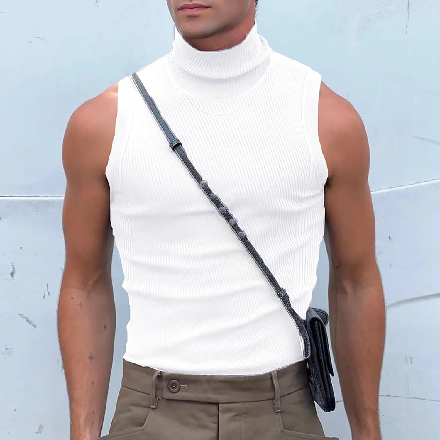 Men's Tank Tops Mock Turtleneck Sweater Sleeveless Casual Basic Pullover Sweater Ribbed Knit Pullover Sport Solid Tee