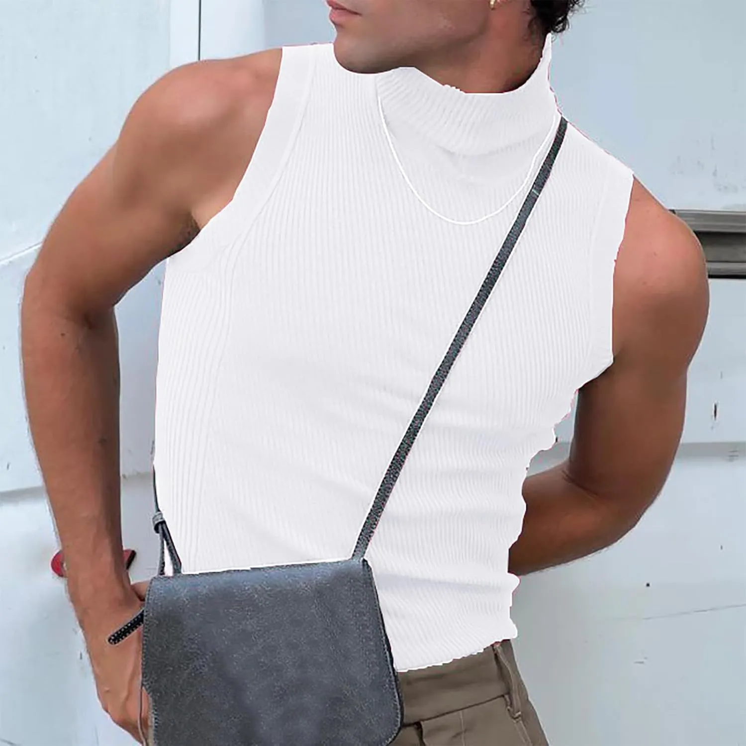 Men's Tank Tops Mock Turtleneck Sweater Sleeveless Casual Basic Pullover Sweater Ribbed Knit Pullover Sport Solid Tee