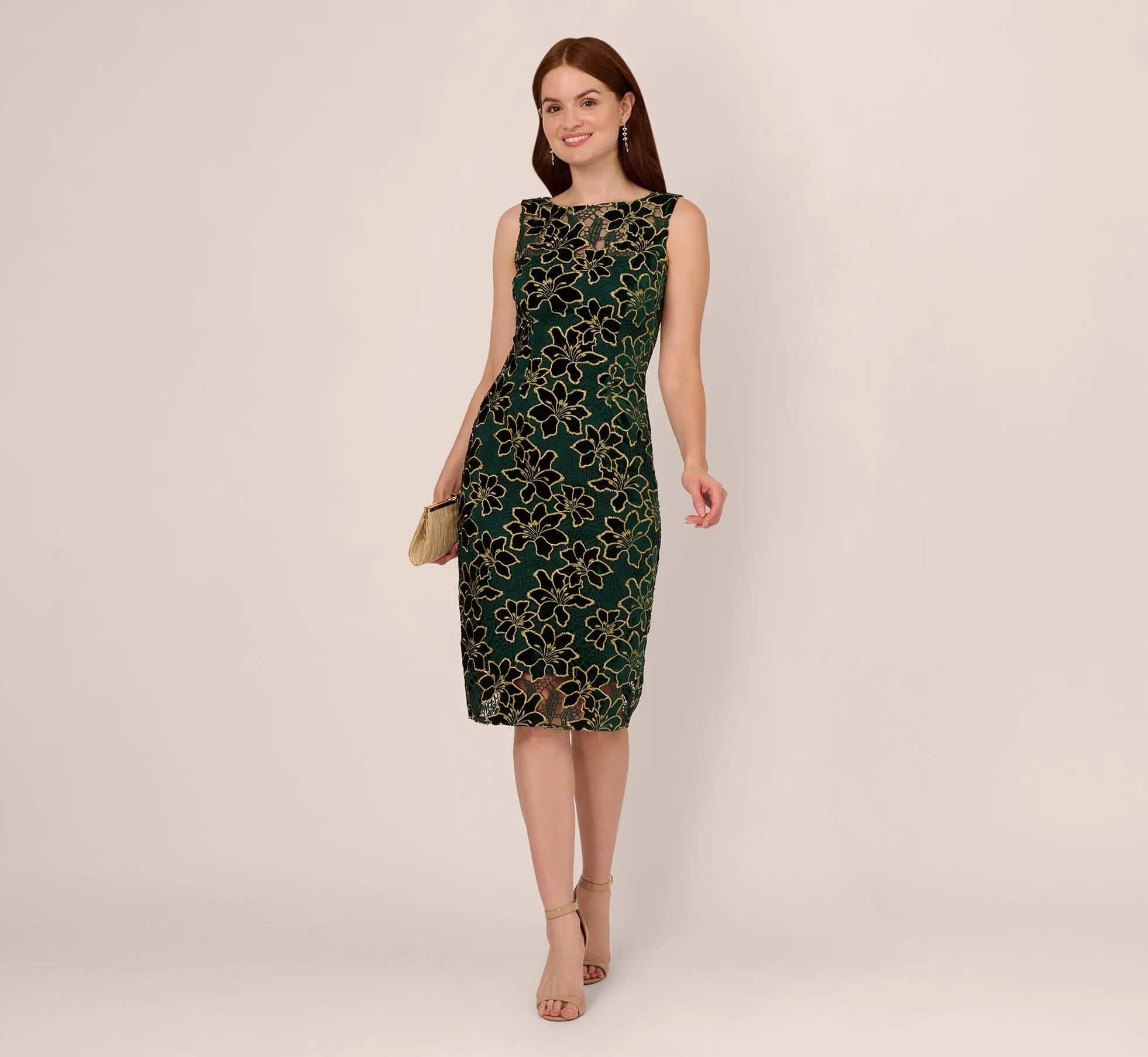 Metallic Floral Lace Midi Dress With Illusion Neckline In Hunter Gold