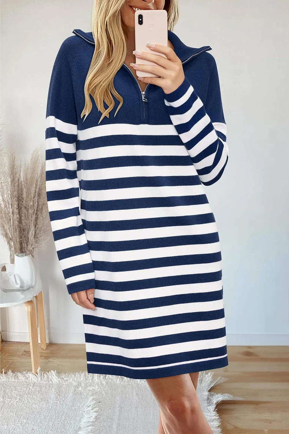 Newshows Women's Winter Sweater Dress 2024 Striped Long Sleeve Lapel Collar Chunky Knit Slouchy Oversized Sweaters