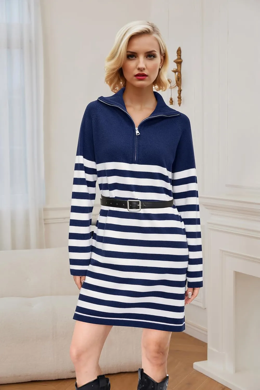Newshows Women's Winter Sweater Dress 2024 Striped Long Sleeve Lapel Collar Chunky Knit Slouchy Oversized Sweaters