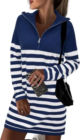 Newshows Women's Winter Sweater Dress 2024 Striped Long Sleeve Lapel Collar Chunky Knit Slouchy Oversized Sweaters