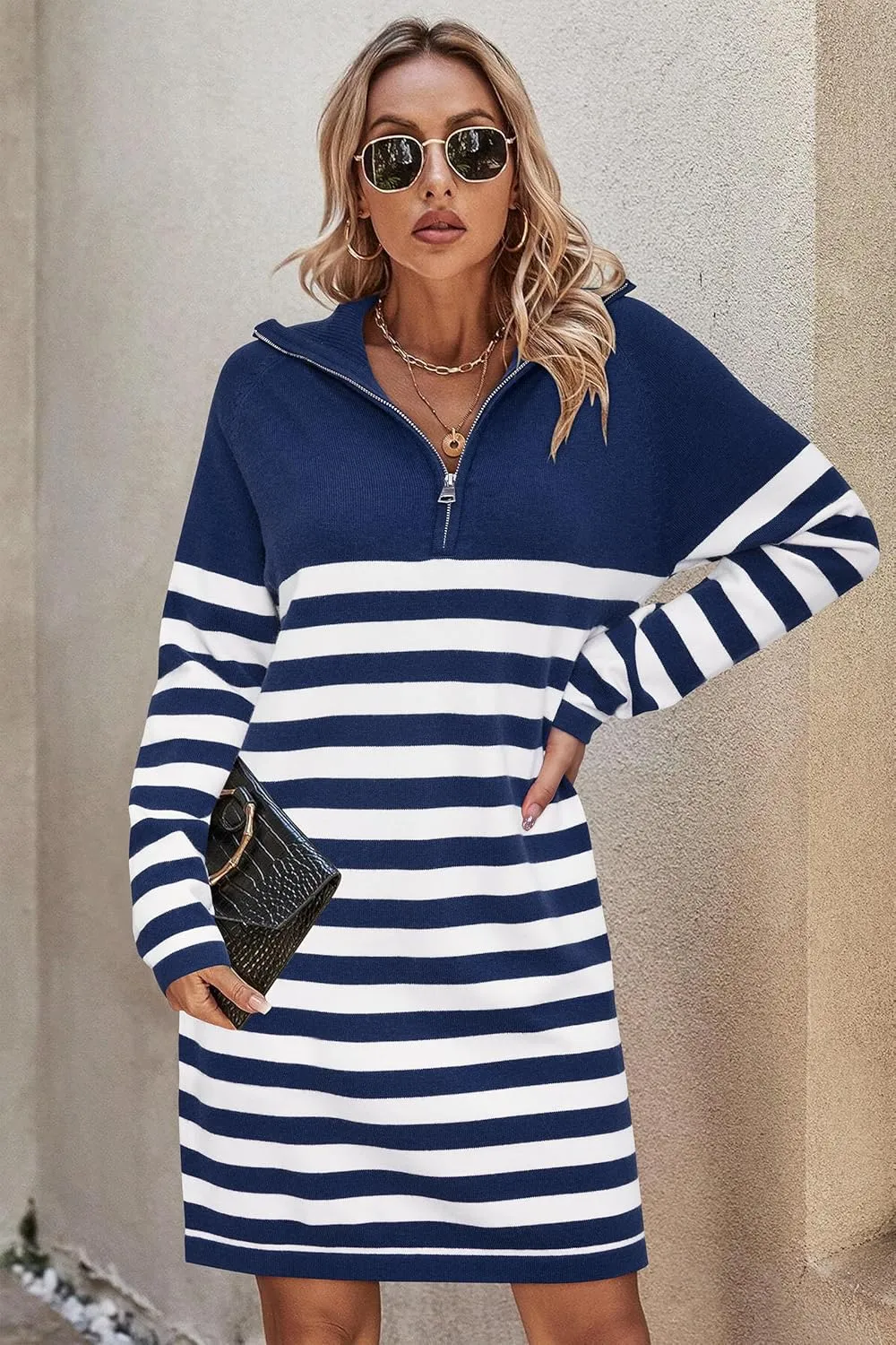Newshows Women's Winter Sweater Dress 2024 Striped Long Sleeve Lapel Collar Chunky Knit Slouchy Oversized Sweaters