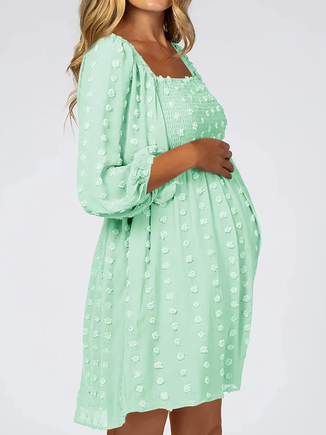 Ofenbuy Women's Long Sleeve Maternity Dress Square Neck Swiss Dot Casual Loose Short Dresses