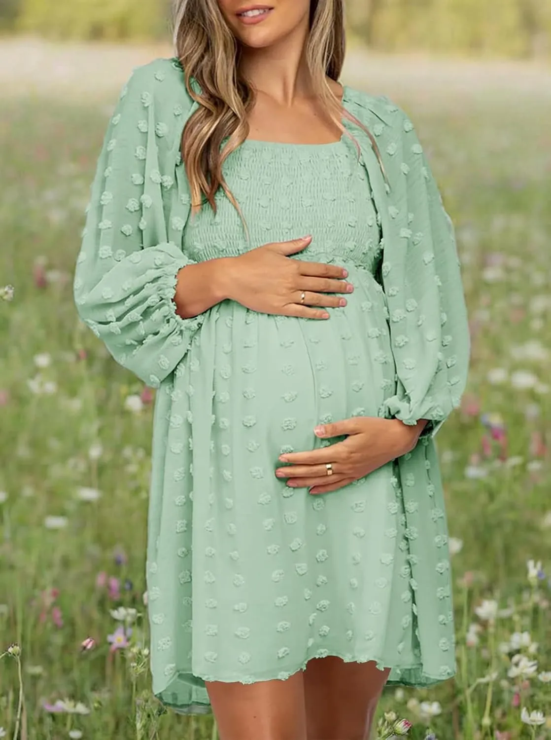 Ofenbuy Women's Long Sleeve Maternity Dress Square Neck Swiss Dot Casual Loose Short Dresses