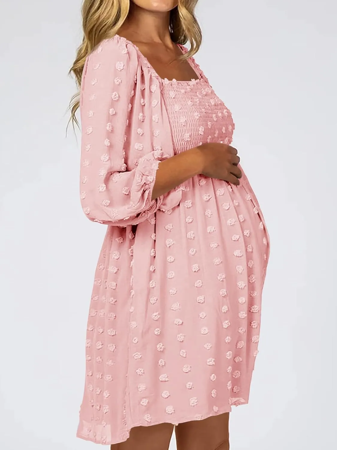 Ofenbuy Women's Long Sleeve Maternity Dress Square Neck Swiss Dot Casual Loose Short Dresses