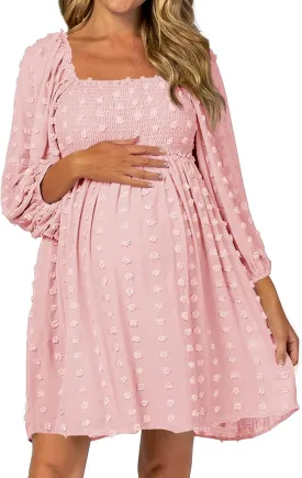 Ofenbuy Women's Long Sleeve Maternity Dress Square Neck Swiss Dot Casual Loose Short Dresses