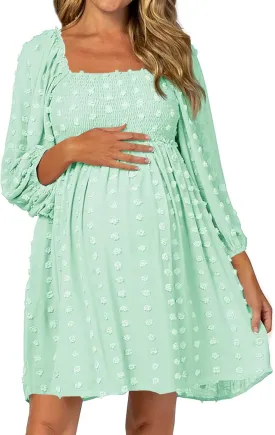 Ofenbuy Women's Long Sleeve Maternity Dress Square Neck Swiss Dot Casual Loose Short Dresses