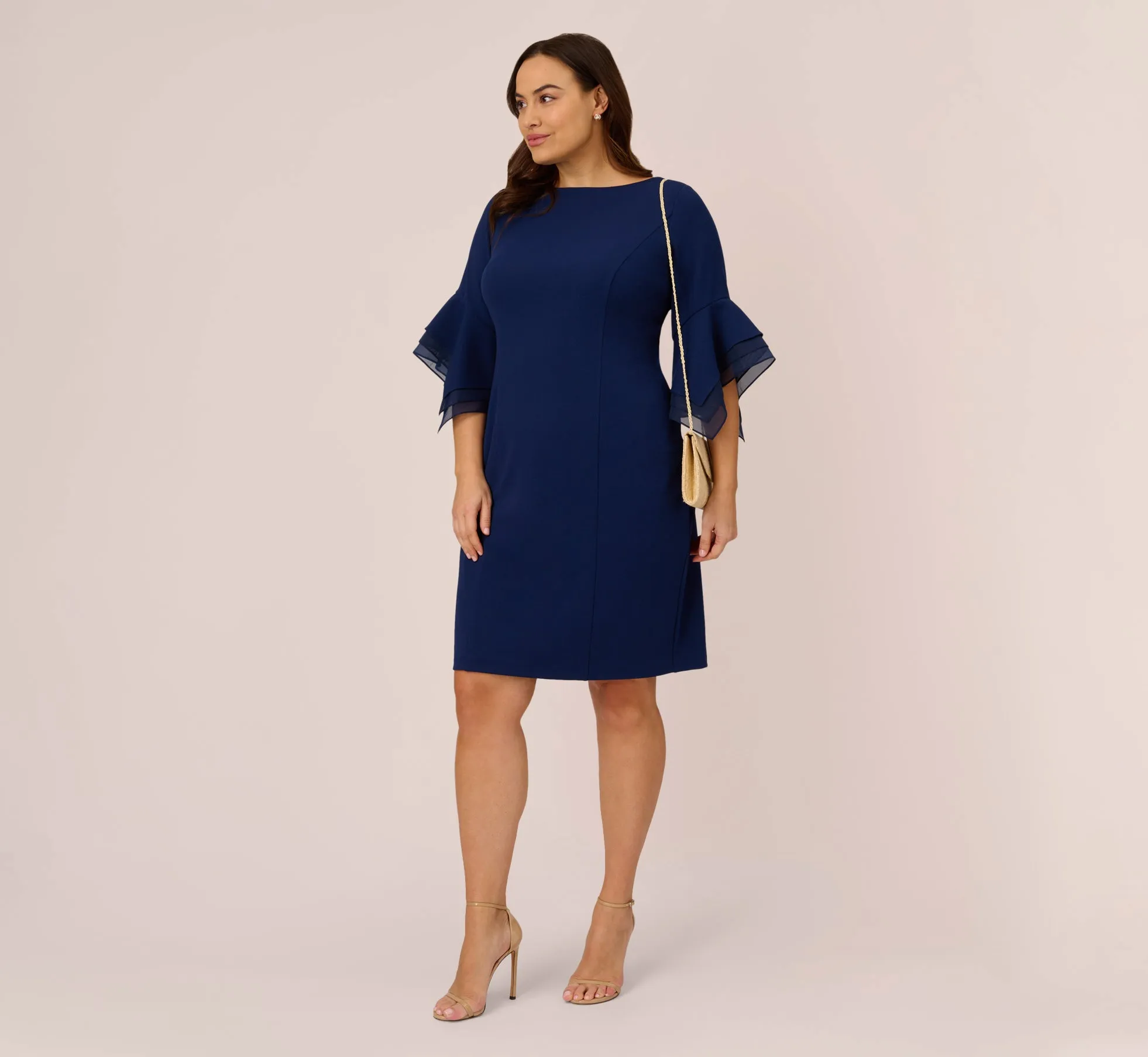 Plus Size Knit Crepe Sheath Dress With Tiered Three Quarter Sleeves In Navy Sateen