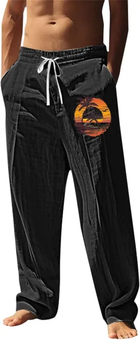 Relaxed Fit Hawaiian Pineapple Pants for Men Lightweight Beach Sweatpants Tropical Graphic Drawstring Lounge Vacation