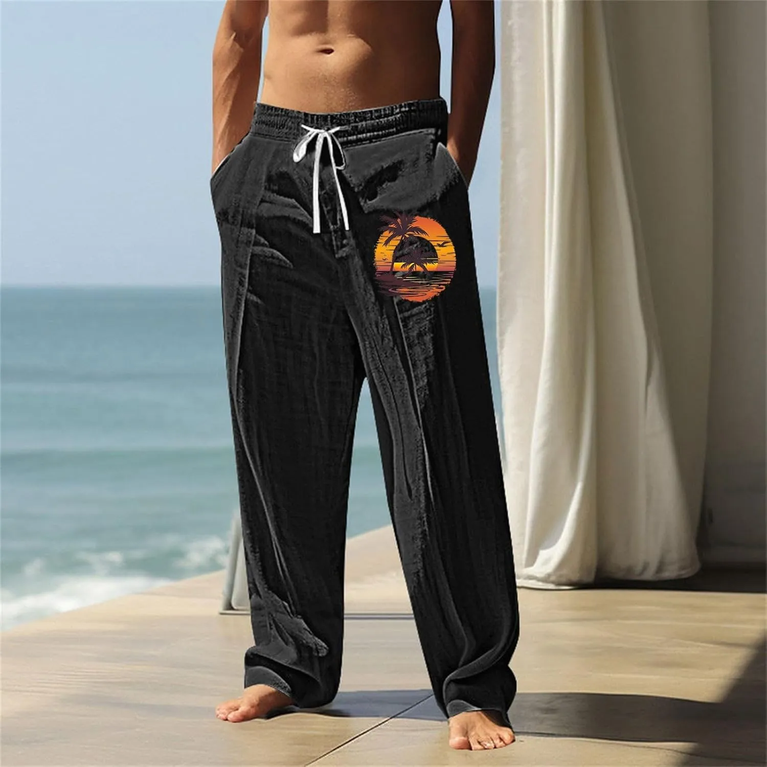 Relaxed Fit Hawaiian Pineapple Pants for Men Lightweight Beach Sweatpants Tropical Graphic Drawstring Lounge Vacation