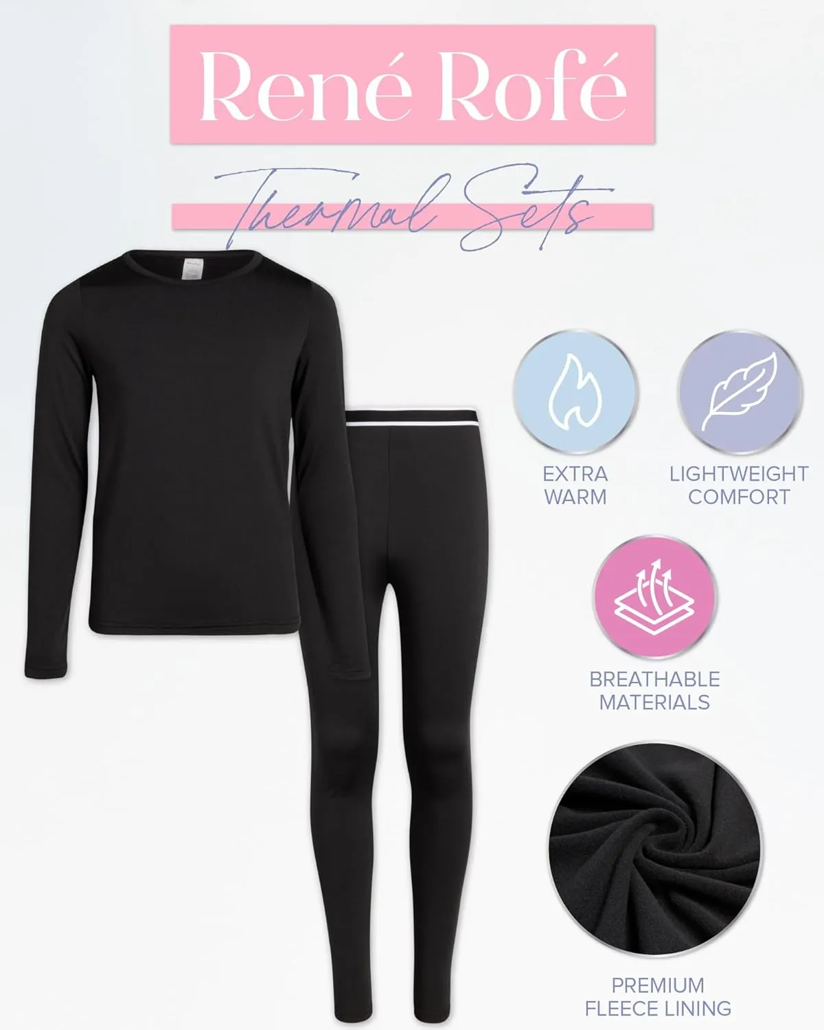Rene Rofe Girls' Performance Thermal Underwear Set - 4 Piece Cozy Fleece Long Johns Base Layer Set for Girls (Sizes: 2T-16)