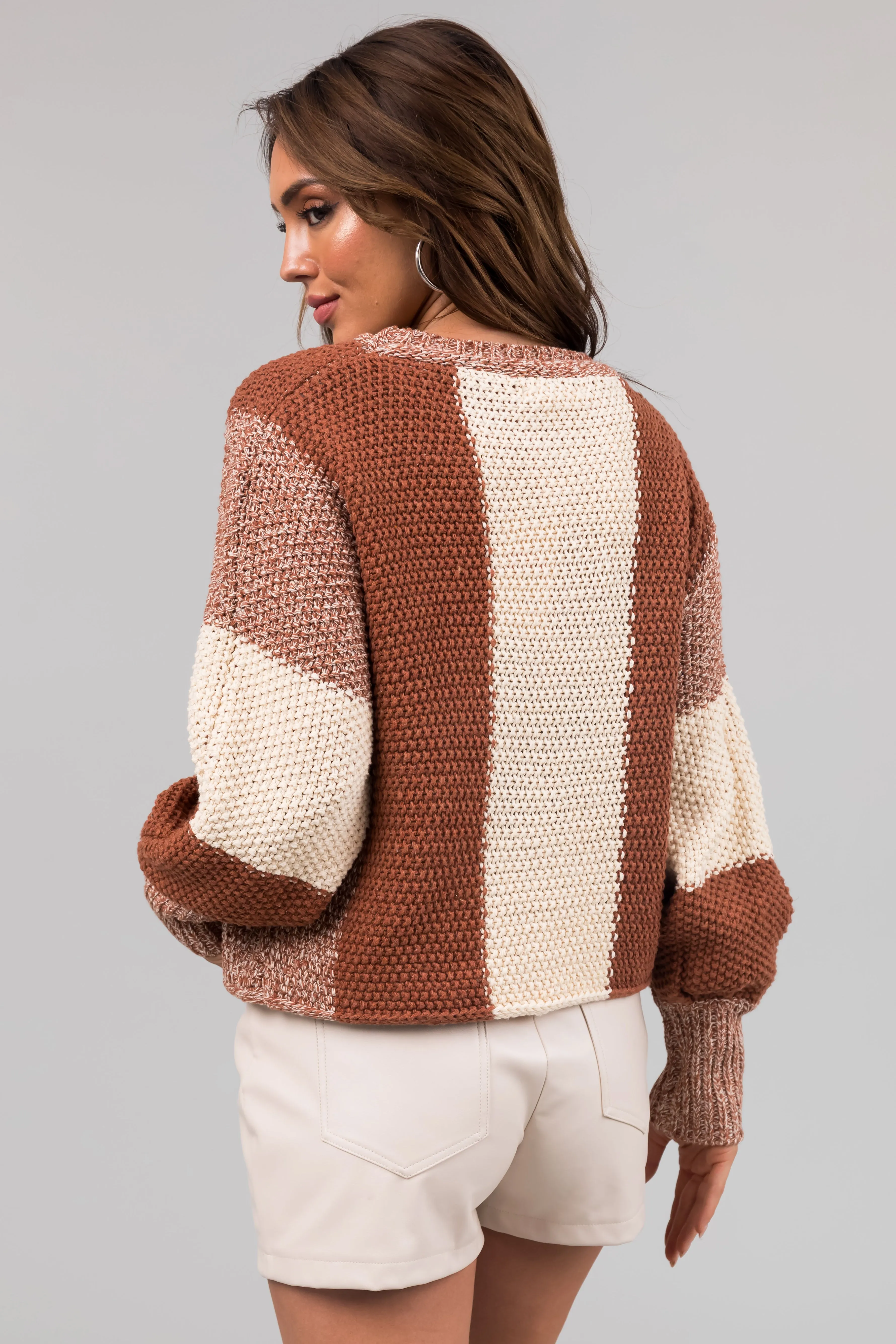 Rust and Cream Colorblock Chunky Knit Sweater