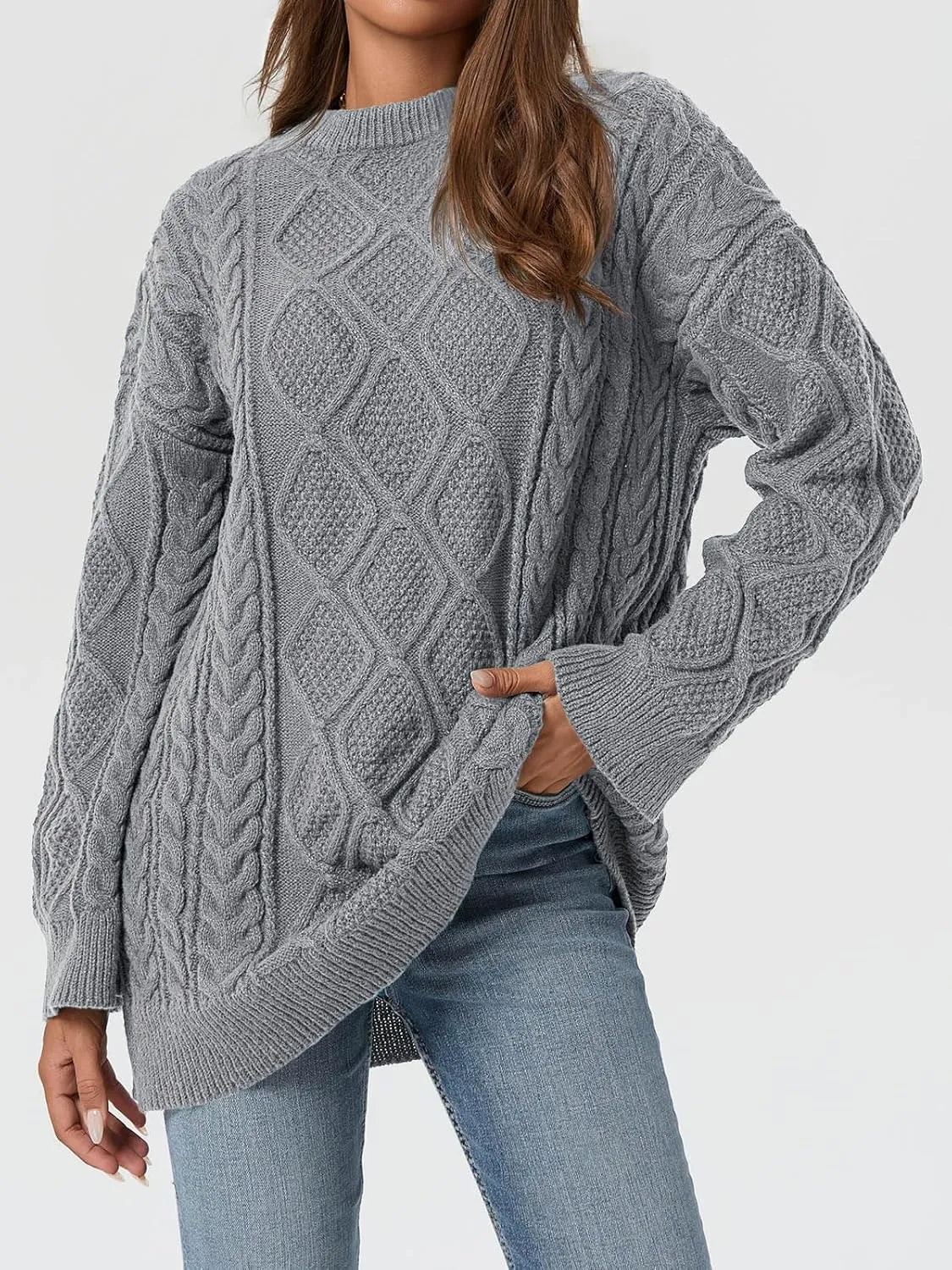 Saodimallsu Womens Oversized Sweaters Cable Knit Chunky Crew Neck Long Sleeve Loose Tunic Pullover Sweater