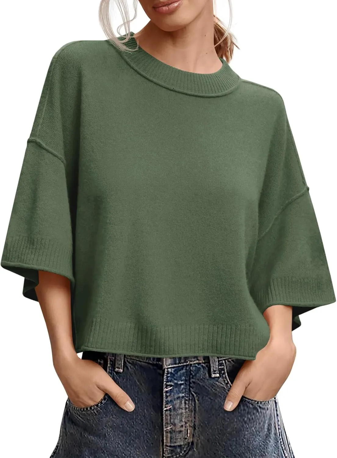 Saodimallsu Womens Short Sleeve Sweater Summer Oversized Cropped Sweaters Casual Crewneck Lightweight Knit Tops