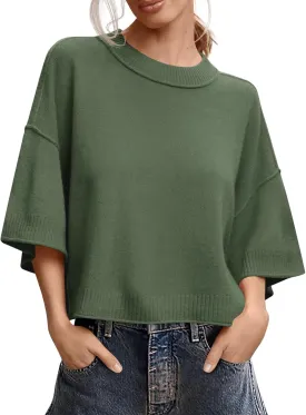 Saodimallsu Womens Short Sleeve Sweater Summer Oversized Cropped Sweaters Casual Crewneck Lightweight Knit Tops