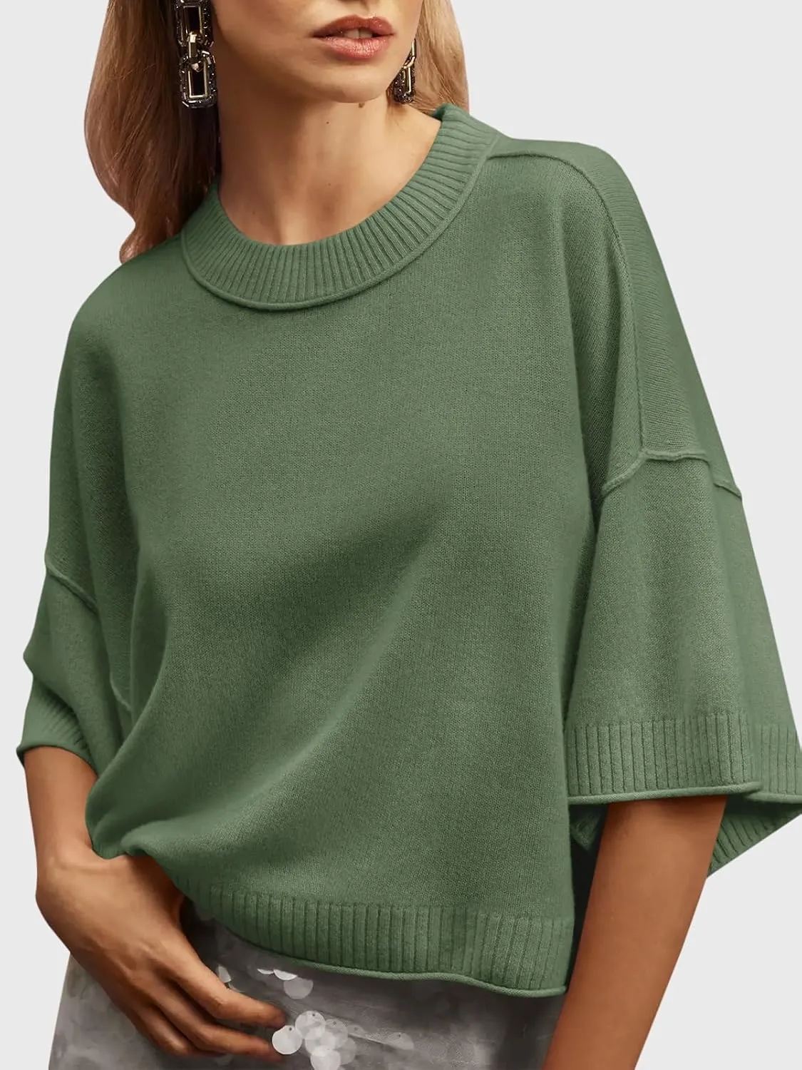 Saodimallsu Womens Short Sleeve Sweater Summer Oversized Cropped Sweaters Casual Crewneck Lightweight Knit Tops