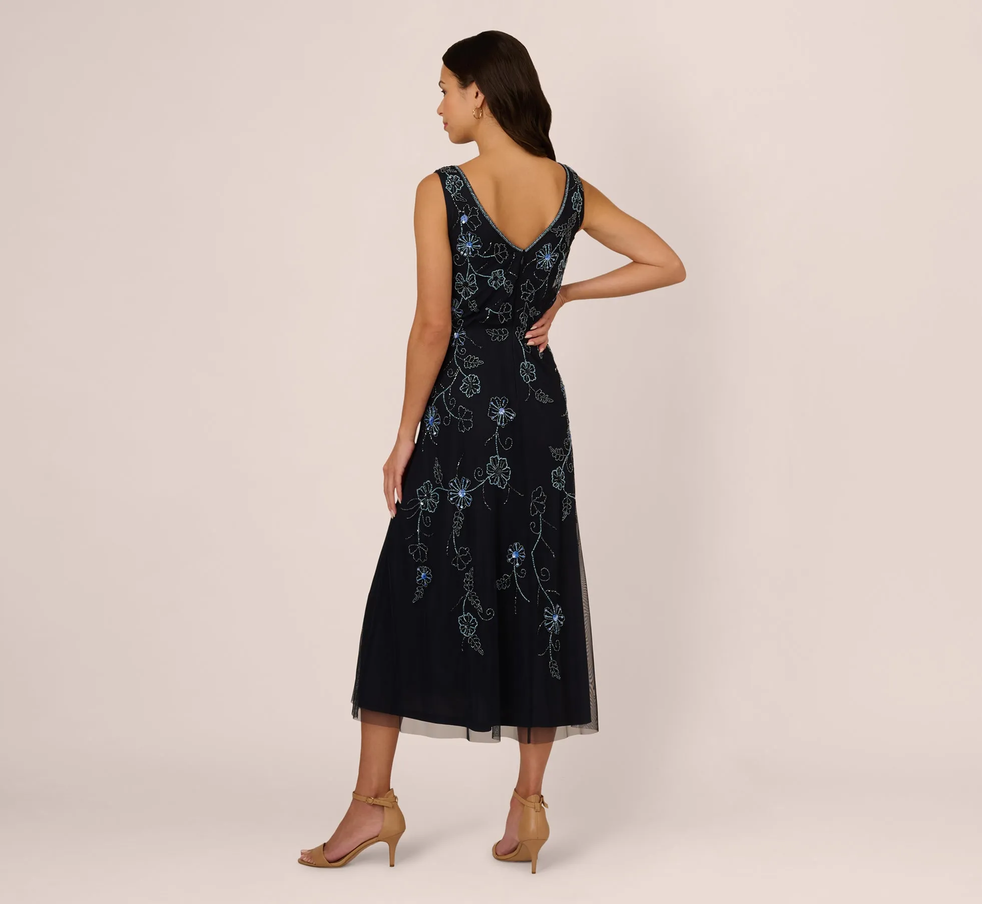 Sleeveless Beaded Blouson Midi Dress In Midnight Multi