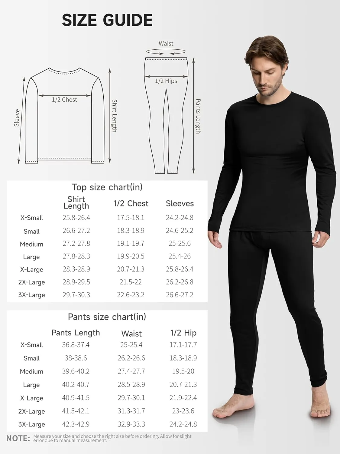 VZV Thermal Underwear for Men Fleece Lined Long Johns for Mens Thermals Top and Bottom Set Soft Base Layer for Winter