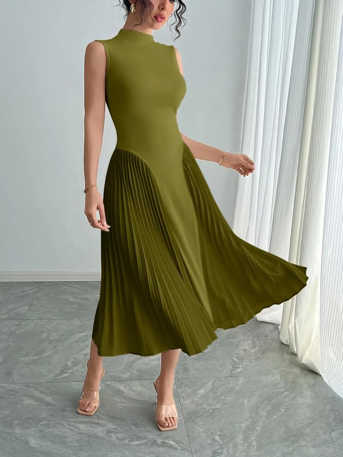Women Pleated Flowy Midi Dress Turtle Neck Sleeveless Wrinkles Solid Long Dresses Swing Ribbed Knit Casual