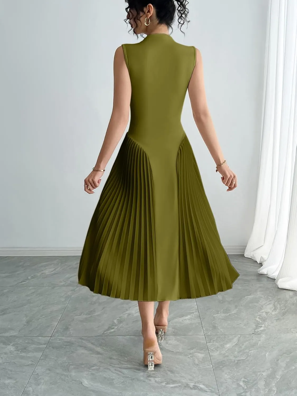 Women Pleated Flowy Midi Dress Turtle Neck Sleeveless Wrinkles Solid Long Dresses Swing Ribbed Knit Casual