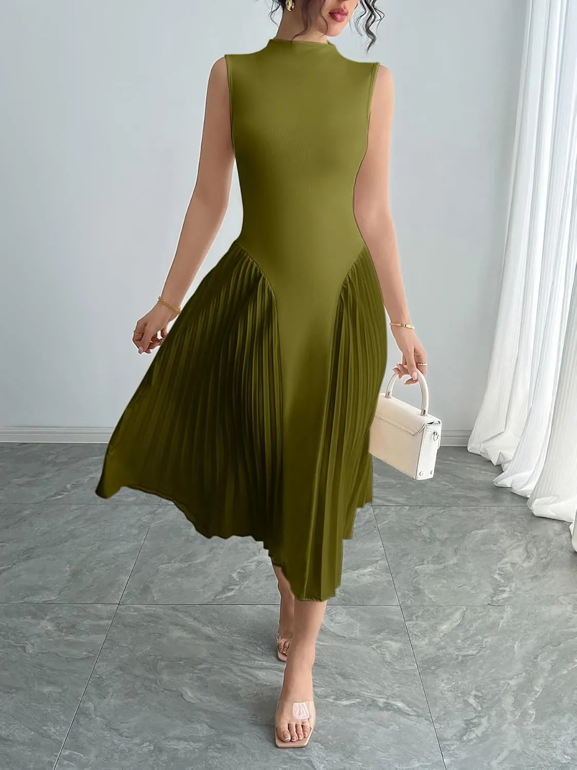 Women Pleated Flowy Midi Dress Turtle Neck Sleeveless Wrinkles Solid Long Dresses Swing Ribbed Knit Casual