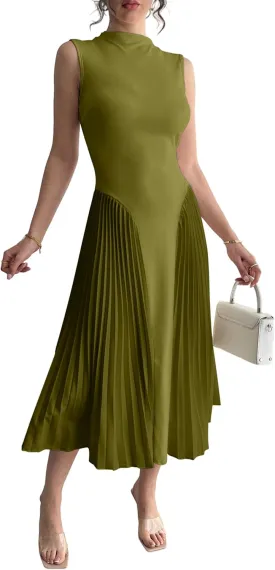 Women Pleated Flowy Midi Dress Turtle Neck Sleeveless Wrinkles Solid Long Dresses Swing Ribbed Knit Casual