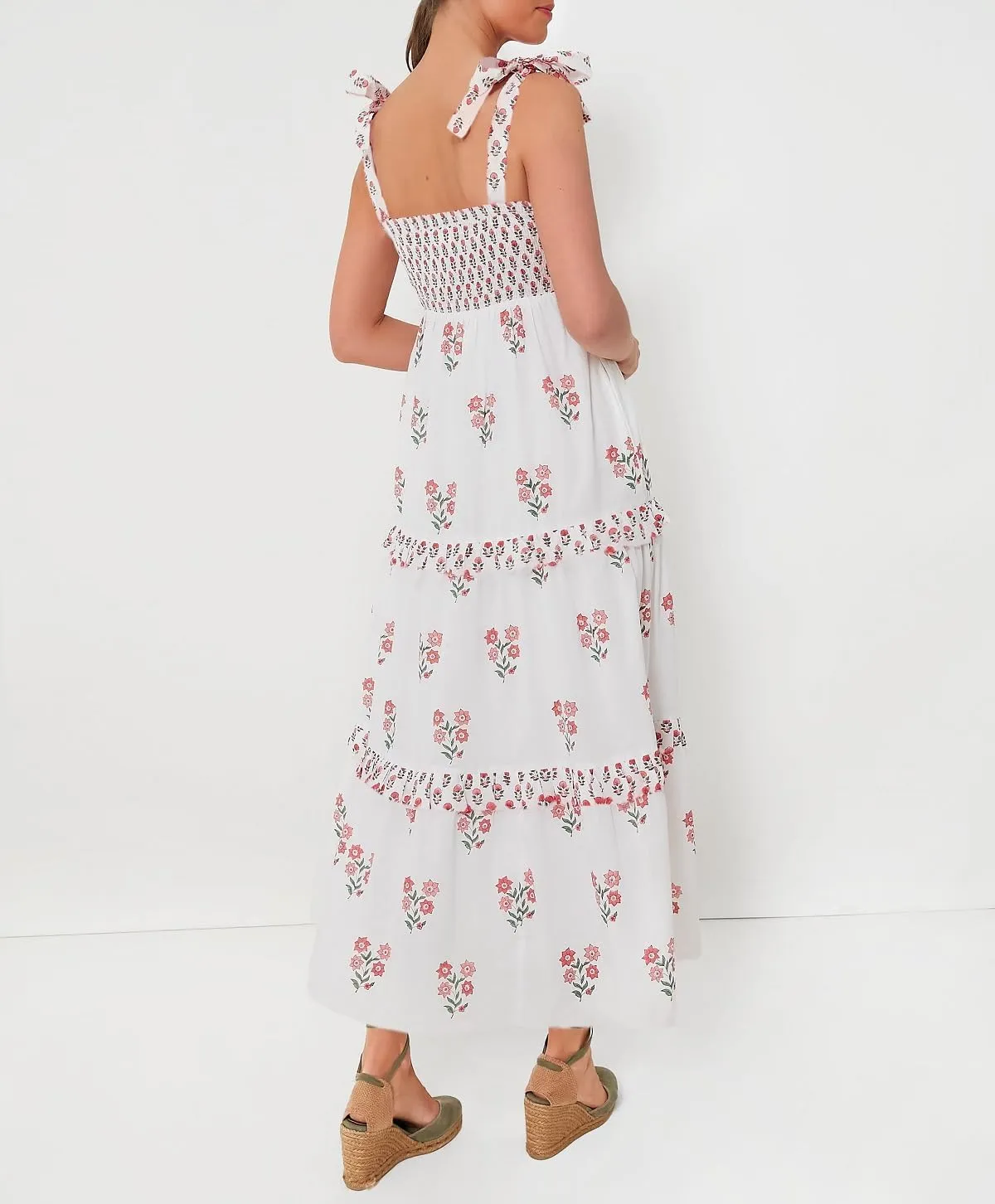 Women Summer Boho Tie Shoulder Dress Y2k Floral Smocked Flowy Long Dress Ruffle Tiered Beach Vocation Sundress